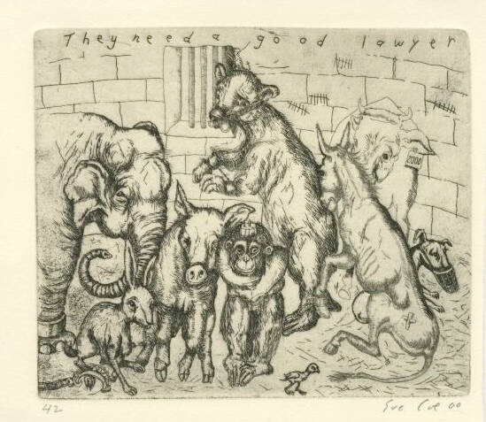 Black and white print of a goupr of sad looking animals in a brick room.